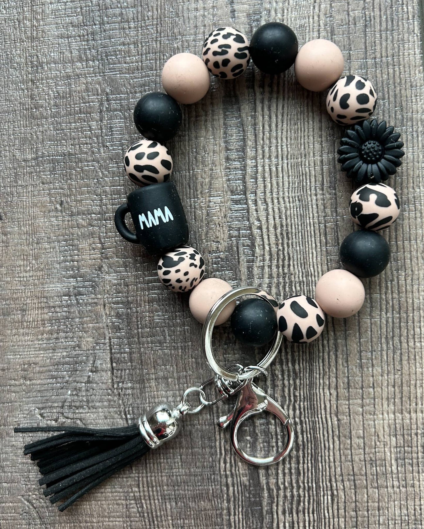 Mama Coffee Mug Black Daisy Leopard Wristlet Keychain
