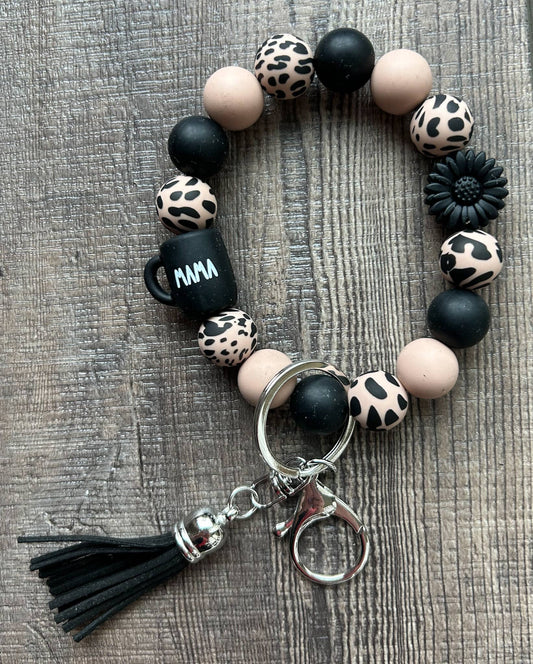 Mama Coffee Mug Black Daisy Leopard Wristlet Keychain